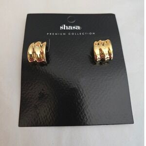 Shasa Premium Collection Gold Ribbed Chunky Sculptural Hoop Earrings Post NWT